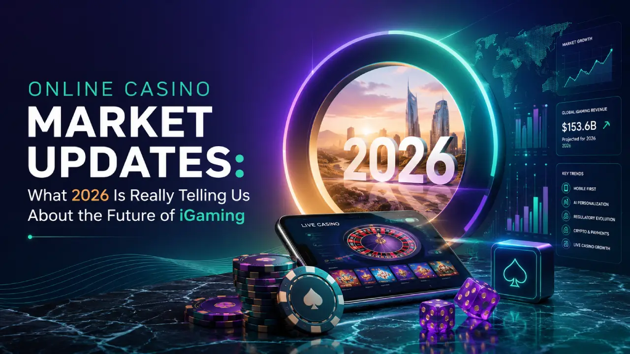 Modern futuristic illustration of the online casino industry in 2026 featuring digital casino games, analytics dashboards, growth charts, mobile gaming, and global iGaming market trends in a vibrant teal, purple, and orange color palette.