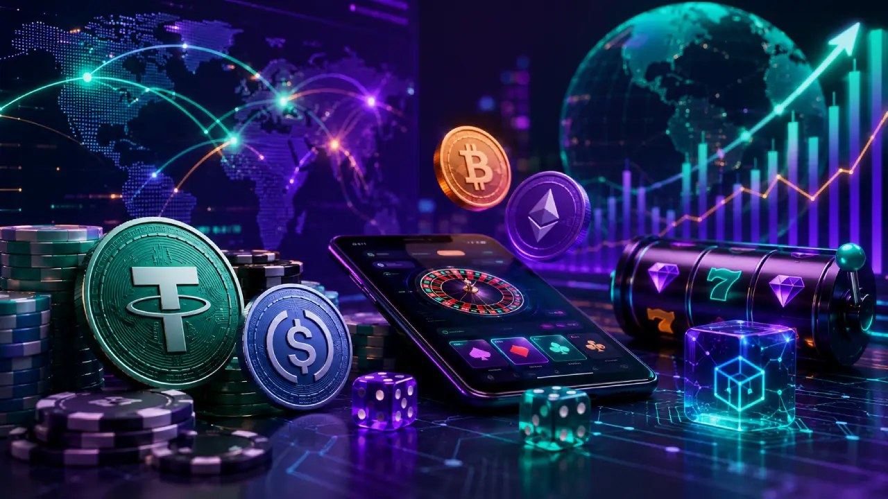 Futuristic illustration of stablecoin-powered online casino payments featuring USDT, digital wallets, blockchain technology, crypto chips, and a modern mobile casino interface with global financial growth visualization.