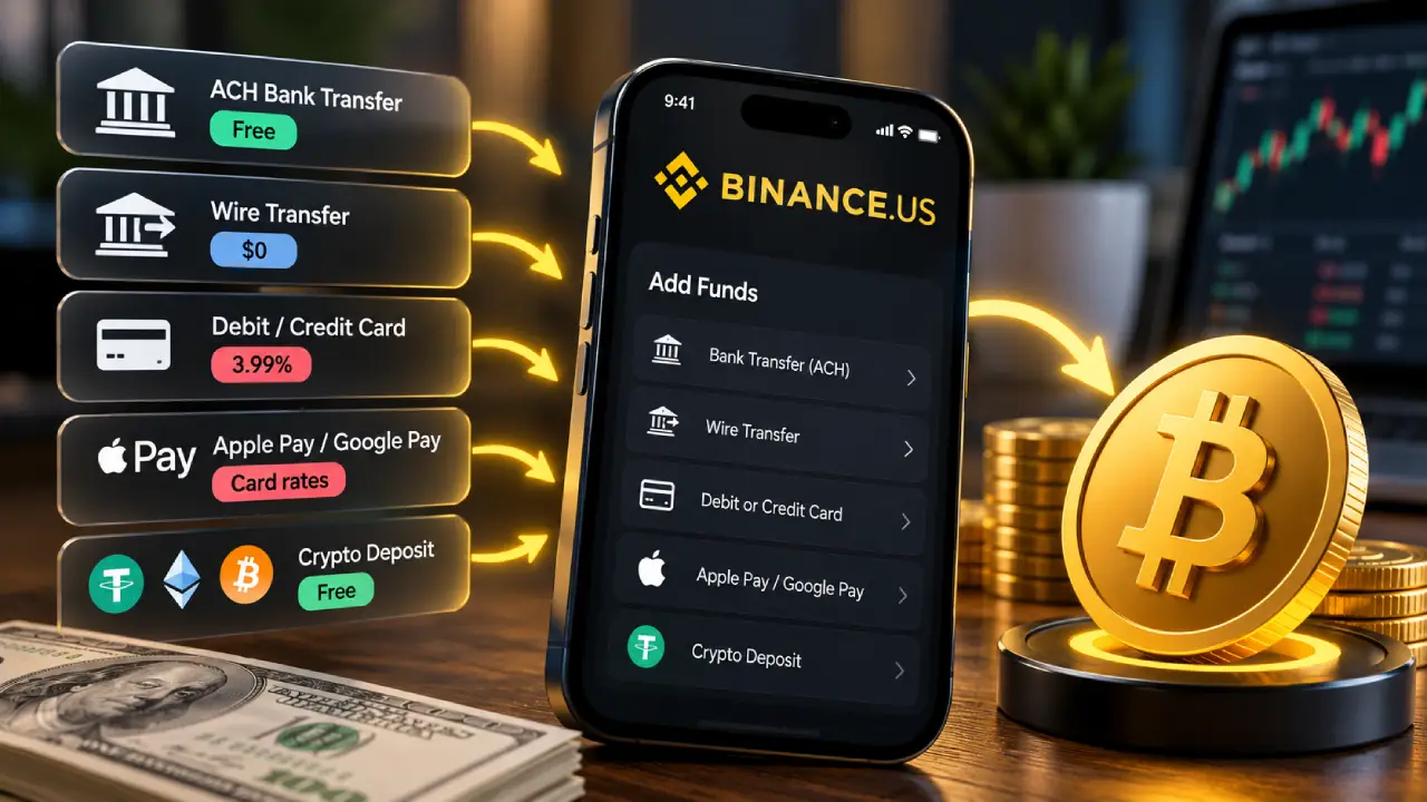 Binance.US account funding options for buying Bitcoin, including ACH bank transfer, wire transfer, debit or credit card, Apple Pay, Google Pay, and crypto deposits.