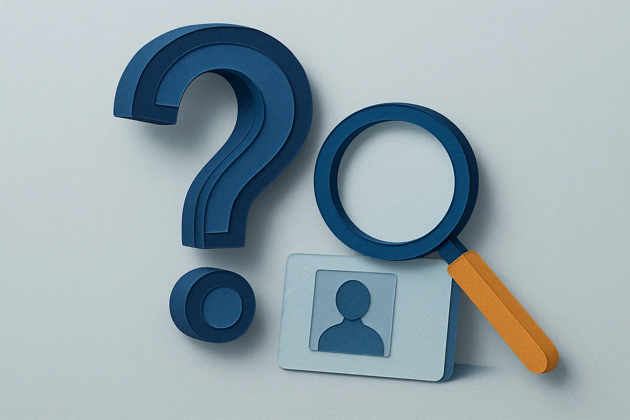 Paper-cut question mark beside a magnifying glass over a profile card, representing common questions about the FreePeopleSearch.com people finder