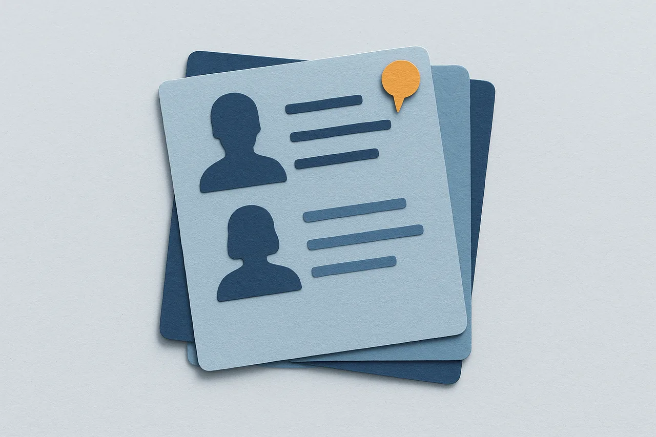Three slightly misaligned record cards with a pin where they line up, illustrating why people search accuracy depends on matching records