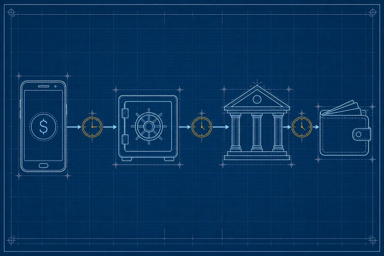Blueprint of money flowing from casino to wallet with wait times
